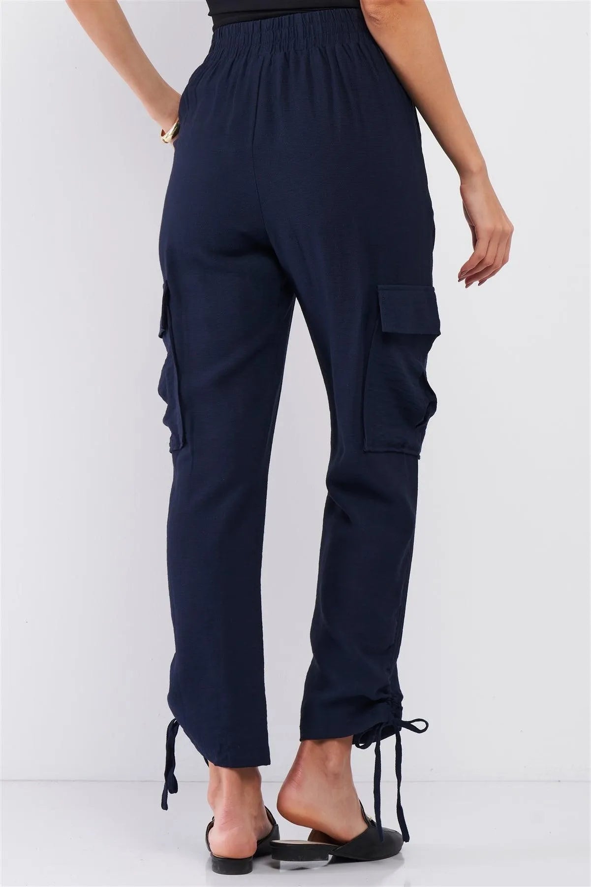 Navy High Waist Jogger Pants with Side Pockets & Drawstring Tie – Sporty Casual