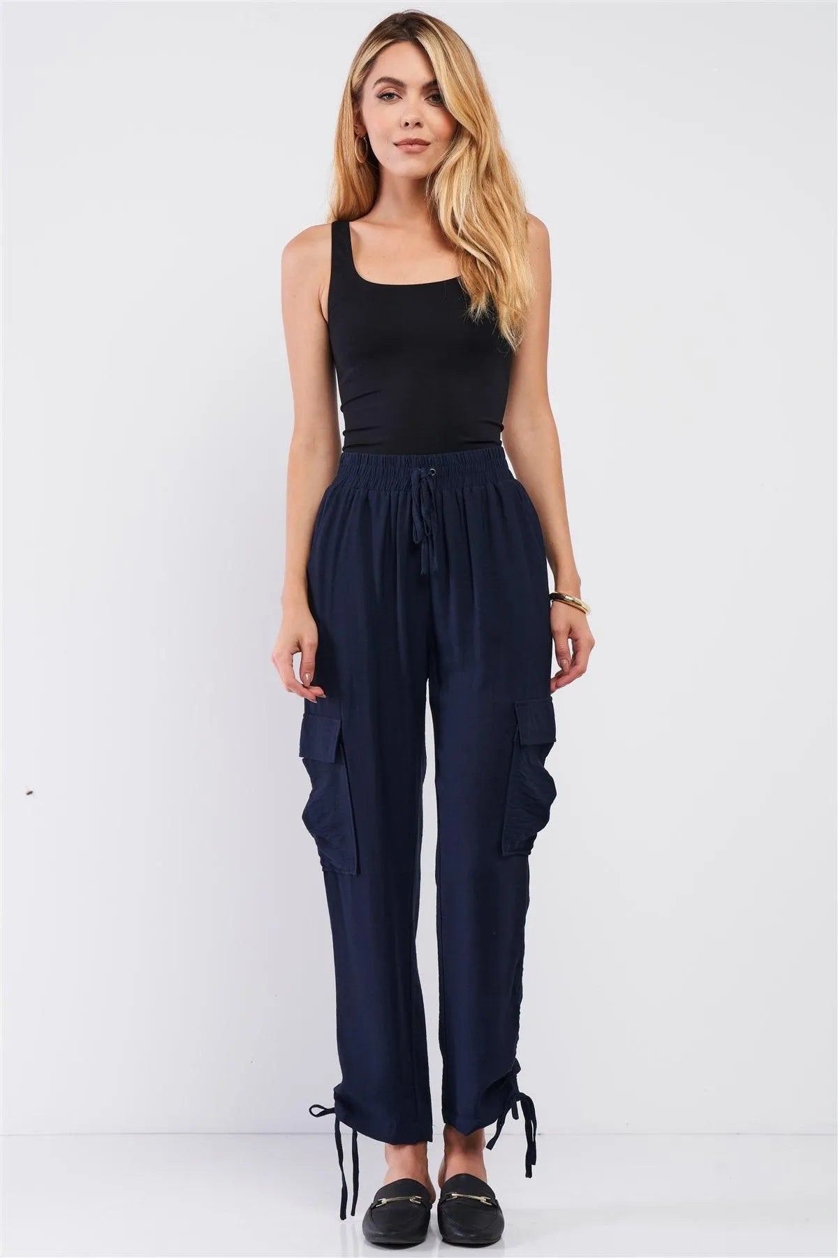 Navy High Waist Jogger Pants with Side Pockets & Drawstring Tie – Sporty Casual